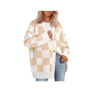 Chic Checkered Cardigan Sweater - Beige and White